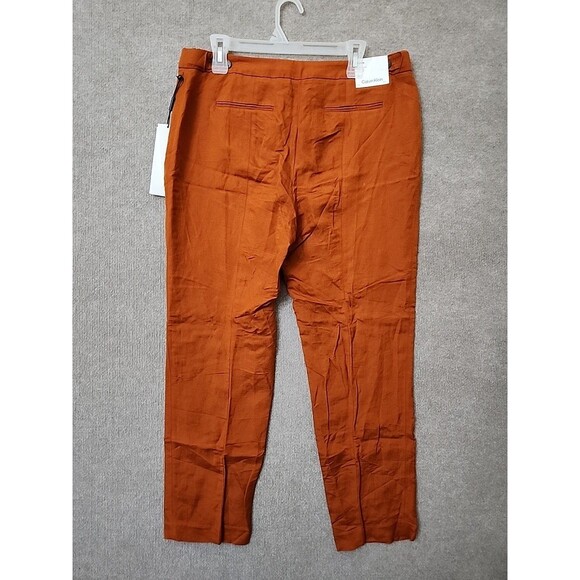 Calvin Klein Highline Ankle Dress Pants Womens 12 Brown Linen Blend Tapered NEW - Picture 6 of 11